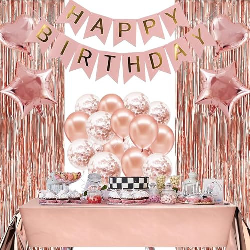 Décoration Anniversaire Rose Or Kaucytue - Bannière Joyeux Anniversaire, Rideaux en Or Rose et Étoiles d'Amour, Ballons en Feuille de Latex avec Confettis, Ballon Rose pour Fête d'Anniversaire