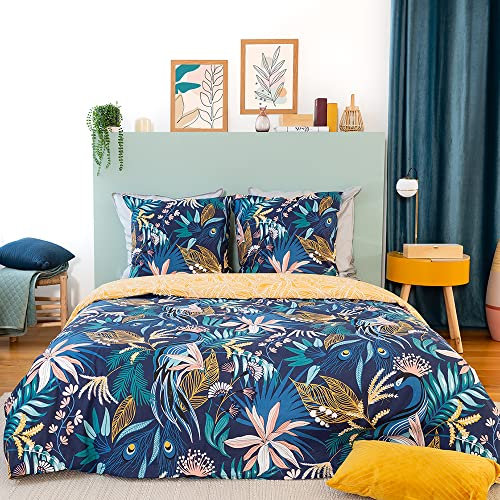 CÔTE DECO Parure de lit 2 Personnes avec Housse de Couette 260x240cm + 2 taies d'oreiller 63x63cm Motif Feuilles Tropicales 100% Coton adouci Bleu (260X240cm)