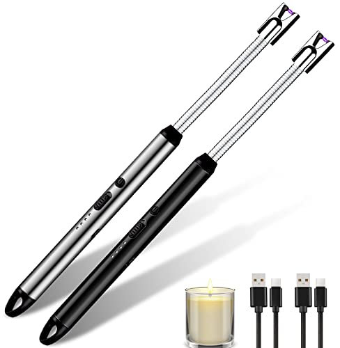 Stabfeuerzeug 2PCS, Lichtbogen Feuerzeug elektrisch mit längerer Hals, Sicherheitsschloss - Kerzen Gadgets, USB aufladbar Plasma Kerzenanzünder für Küche Herd Camping, Feuerwerk Kamin Gold
