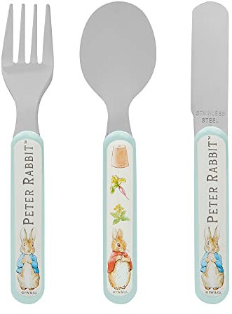 Peter Rabbit 3 Piece Cutlery Set – Metal, Reusable Children's Knife, Fork & Spoon, Kids-Size, Made from Food-Safe Stainless Steel & ABS Plastic – Flopsy, Mopsy, Cotton Tail – for 12 Months & Up