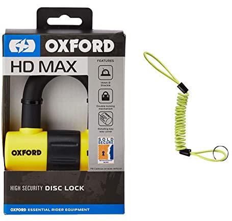 Oxford HD Max Yellow High Security Motorcycle Steel Disc Lock LK311 5030009096112, Orange & OF390 Disc Lock Minder Cable for Motorcycle Scooter Motorbike,Yellow