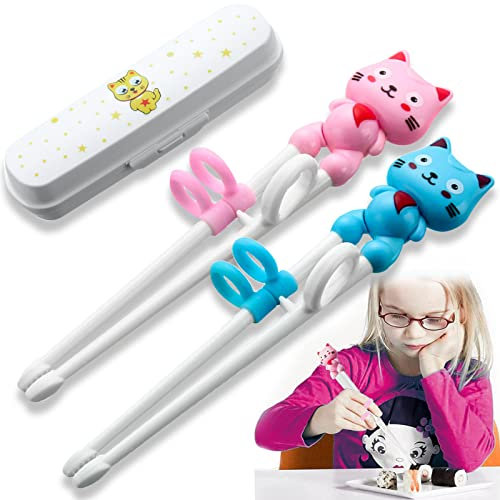 Essstäbchen Helfer, 2 Paare Mehrweg Chopsticks Mit Box - Geeignet für Anfänger, Senioren, Cartoon Stäbchen (Blau+Rosa)