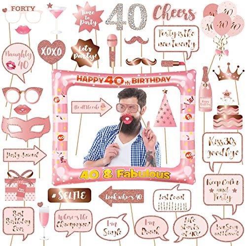 AIYONG Photo Booth oro rosa Compleanno Accessori Carta Foto Frame Cornice Baffi Occhiali Cappelli Puntelli Fotografia Decorazione per Festa Compleanno Gadget 40 Anni Fai da Te
