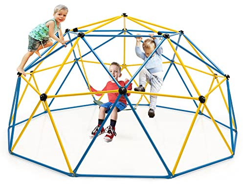 COSTWAY Cúpula de Escalada de 305 cm con Columpio, Escalador Geométrico de Cúpula, Carga 363 kg, Equipo de Juego Interior y Exterior para Niños de 3 a 10 Años, Estructura de Escalada (Amarillo)