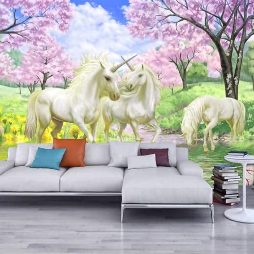 Papier Peint Panoramique Cerisier En Fleur Licorne Blanche Papier Peint Intissé 3D Tapisserie Poster Decoration Murale Chambre Salon