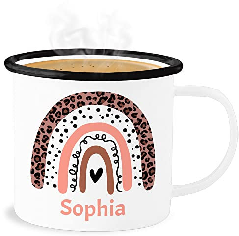 Emaille Becher Blechbecher - Boho - Regenbogen - Name pointilliert Leo - 300 ml - Weiß Schwarz - trinktasse kinder bohemian chic stil tasse kaffeetasse individuell regenbogen1 tassen bedrucken