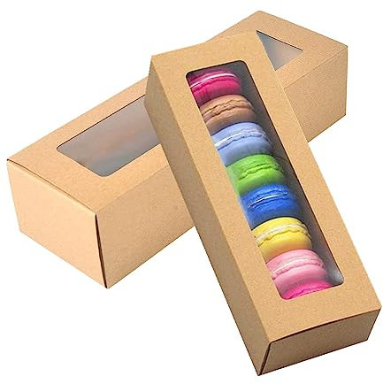 GUIFIER 30 Stück Braun Macaron Box für 5 bis 7 Makaron, Bäckerei Boxen mit Fenster, Donut Box, Kraftpapier Geschenkbox, Keksschachtel Dessertboxen, Keks Goodie Erdbeerkartons für Gebäck Kuchen