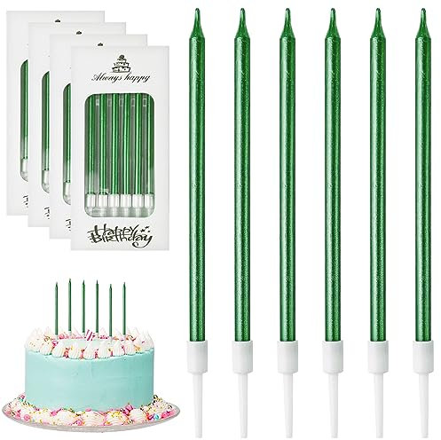DONQL Geburtstagskerzen Für Torte, Dünne Lange Geburtstagskerze Mit Haltern Für Geburtstagskerzen Kinder & Erwachsene Für Dekorative Geburtstagstorte, Babyparty, Mädchenparty (24 Stücke Grün)