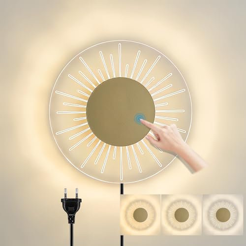 Applique Murale LED 12W Avec Prise moderne Lampe de lecture Dimmable Tactile Lampe de Chevet Acrylique Ronde Lumière Murale Intérieur pour Chambre Salon Escalier Salle de bain Couloir Bureau (or)