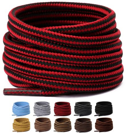 Olukssck 2 Paia Lacci per Scarpe Rotondi, Stringhe Scarpe Robuste e Resistenti per Scarpe Sportive da Trekking, Stivali da Lavoro e Scarpe da Scarponi Montagna - Diametro 4 mm, Nero/Rosso, 122cm
