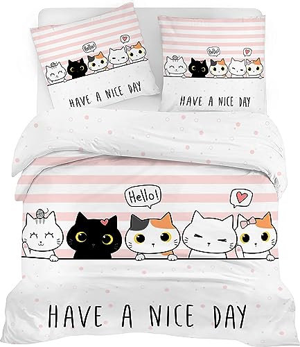 Linfye Housse de Couette 220x240 cm Chat Rose Parure Housse Couette 2 Personnes en Microfibre avec Fermeture Éclair, Parure de Lit 220x240 Adulte + 2 Taie d'oreiller 65x65 cm