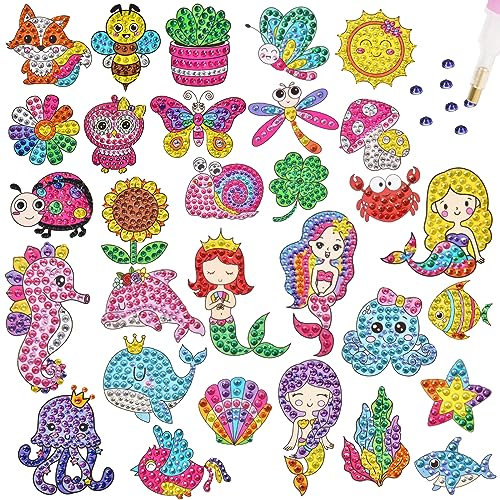 AUAUY 30 PCS Diamant Painting Kinder Set, DIY Diamant Malerei Aufkleber, 5D Diamant Painting Bilder Sticker mit Werkzeug, Niedlich Diamond Painting Bilder für Kinder Spielzeug Geschenke