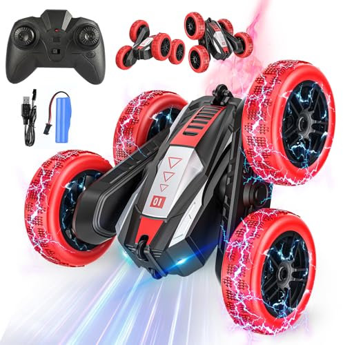 EVARY Voiture télécommandée 3, 4, 5, 6, 7, 8 Ans, 2,4 GHz, Double Face, rotative à 360°, avec phares et Brouillard Rouge Cool, Le Cadeau de Noël ou d'anniversaire Le Plus approprié pour Les Enfants