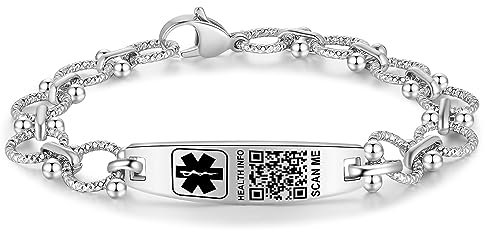 Theluckytag Verbessertes medizinisches Armband mit QR-Code für Damen und Herren, medizinisches Notfall-ID-Armband – Sterlingsilber, kleiner Code 17,8 - 22,9 cm – mehr Platz, benutzerdefinierte