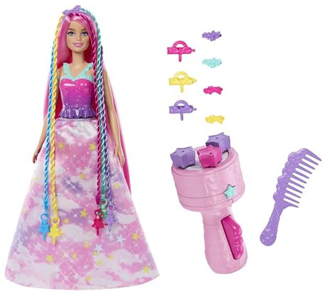 Barbie® Dreamtopia Princesse Tresses Magiques Coffret avec poupée Barbie, appareil à tresses, extensions de cheveux arc-en-ciel et accessoires, JCW55