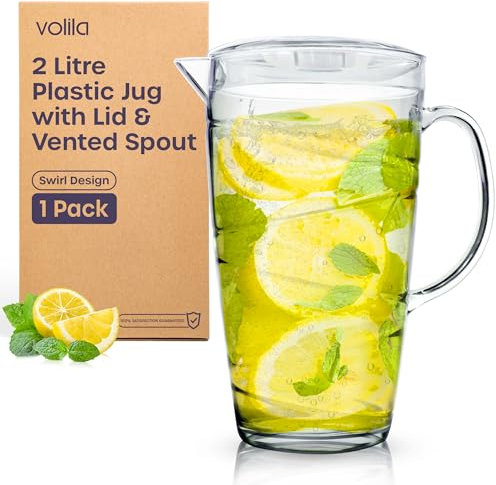Plastic Jug 2L (1 Pack) Swirl Design Plastic Pitcher Jug with Lid & Vented Spout - Pimms, Summer Juices, Picnics and BBQ Garden Parties - Clear Design