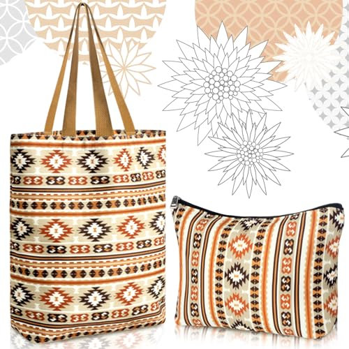 Huhumy 2 Stück Boho-Azteken-Leinen-Tragetasche mit Make-up-Tasche, Western-, Ethno-, Azteken-Abschluss, wiederverwendbare Einkaufstaschen, waschbar, Azteken-Schultertaschen, Geschenk für Frauen und