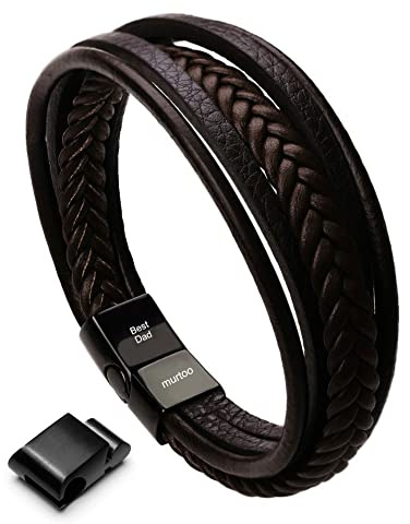 murtoo Herren Armband Edelstahl Echtleder Armband Naturstein Geflochten Mit Magnet Verschluss (leder braun, Best Dad, 22.5)