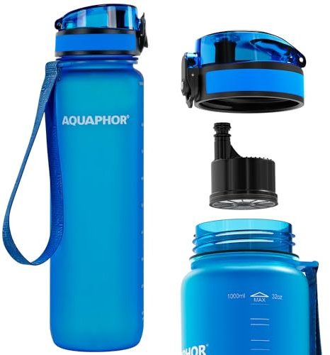 Nakii Filtered Water Bottle, Leakproof, BPA-Free, Motivational Markings, Travel, Everyday Use. 40-Gallon Filter, Replaces 300 Plastic Water Bottles. Includes 1 Filter, 34 FL Oz, Blue by Aquaphor