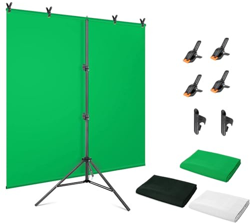 Green Screen Background with Stand 5x6.5FT,White Black Green Photography Backdrop Stand Kit for Live Streaming, Video Shooting,Zoom Meeting,Gaming (1.5x2M)