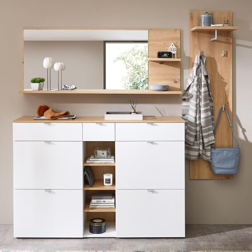 Lomadox Garderobenset modern Kommode Spiegel Garderobenpaneel weiß matt mit Eiche