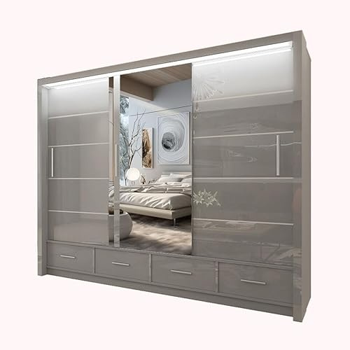 Style Heaven Modern High Gloss Sliding Door Wardrobe for Bedroom,1 Mirrored Sliding Doors wardrobes 5 Adjustable Shelves &2 Hanging Rail,made of MDF Chipboard,aluminium Handles Sycilia(255cm Grey)
