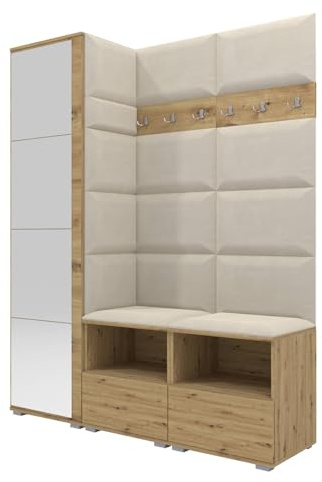 RAVIO Flurgarderobe 150 cm Ink. Schuhschrank mit Sitzbank & Garderobe mit Spiegel, Garderobe Set mit Garderobenpaneel, Wandpolster & Push to Open Türen - Artisan Eiche/Wandpaneel Creme