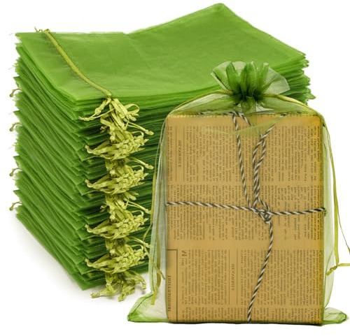 G2PLUS Sage Green Organza Gift Pouches,17x23CM Large Organza Favour Bags, 100 PCS Wedding Jewelry Bags, Clear Mesh Pouches Perfect for Wedding, Christmas, Birthday, Anniversary