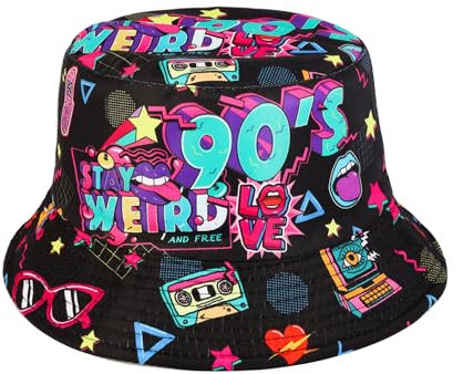 MILAKOO 90er Jahre Eimer Hut für Männer Frauen lustig Retro Party Hut Vintage Print Fischer Hut Unisex Reversible Portable Hut für Disco Hip hop Outdoor