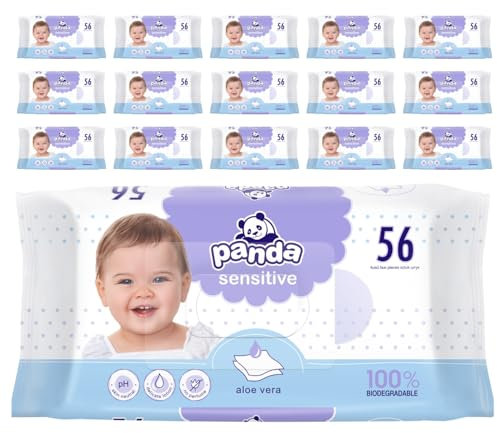 panda Baby Feuchttücher Sensitive, plastikfreie Feuchttücher für Babys 16 x 56 Stück im Vorteilspack, besonders für sensible Haut geeignet, biologisch abbaubar