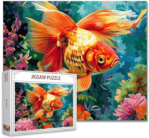 Goldfisch-Puzzle 1000 Teile für Erwachsene, Familien (Fische Korallenriff Meerestiere Pflanzen) Teile passen perfekt zusammen 19.7''x27.6''inch Leistung Blumen rahmenbare magische Puzzle-Kunst(Bunt)