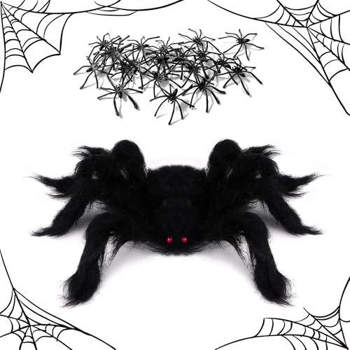 HO-SFSM 3 Stück Haarige Spinne, Halloween Spinne | Groß Gruselige Spinnen mit 20 Kleine Spinne für Halloween, Karneval oder Mottoparty, gruselige Partydeko, Schwarz