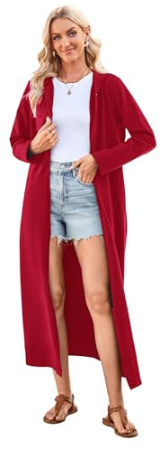 VOGMATE Damen Morgenmantel Reißverschluss Leichter Lang Bademantel mit Kapuze Baumwolle Kuschelig Hausmantel Dünn Hoodies und Sweatshirts WeinXL