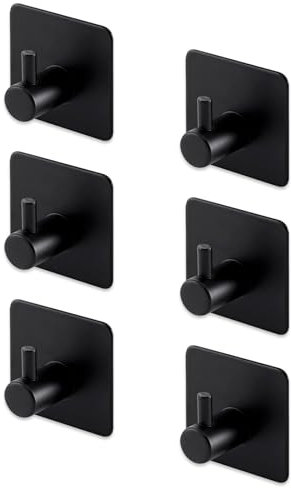 Eidoct 6 Pack Self-Adhesive Towel Hooks - No Drill Installation Back of Door Hooks, 3M Adhesive Brushed Stainless Steel Bathroom & Kitchen Towel Rack & Coat Hooks (Black)