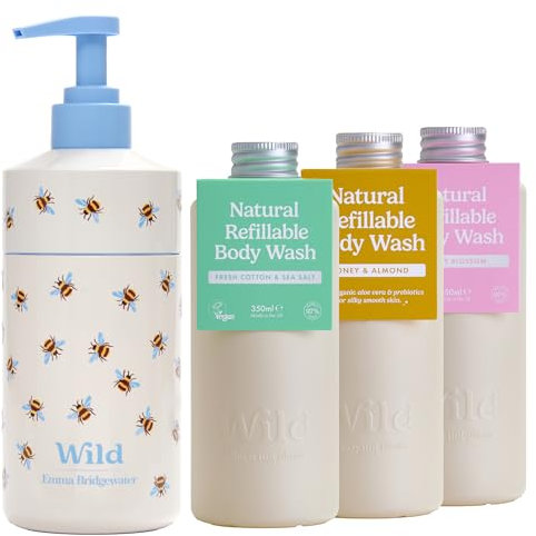 Wild Natural Refillable Body Wash Starter Kit - Includes Bee Print Aluminium Case & 3 Pack Shower Gel Refills in a Variety of Scents - Includes Honey & Almond, Fresh Cotton and Cherry Blossom Scents