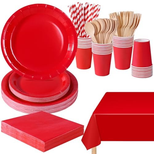 PYAILI Anniversaire Vaisselle de fete 169 Pièces Rouge Party Assiettes en Papier Set Assiettes de Fête Papier Tasses Serviettesr, pour Barbecue les Fêtes les Pique-niques -24 Invités