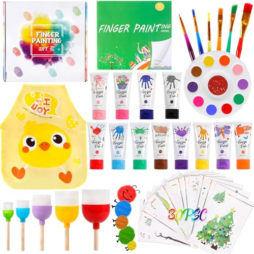 AQXONG Pintura para Dedos Lavable para Niños, 56 Pcs Kit de Pintura para Dedos No Tóxico, Kit de Pintura de Bricolaje para Niños Pequeños con 12 Colores de Pigmentos, Alta Capacidad(60ML)