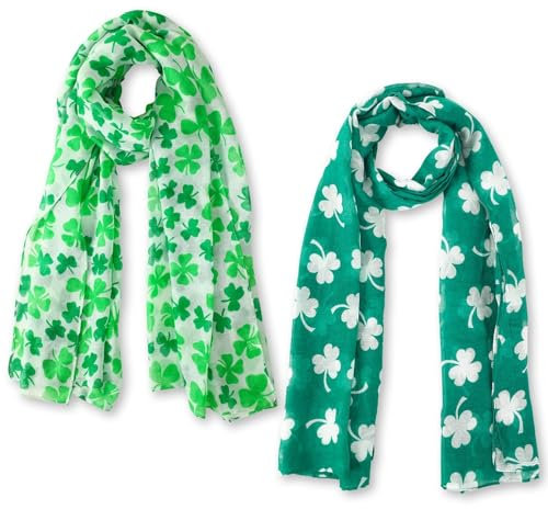 DTOFOOT 2 Stück Kleeblatt Schal Damen, Langer Schal Satin Seidenschal mit Irischem Kleeblatt Weiß Grün St. Patrick's Day Schaltuch für Feiertags Outfit Parade Partyzubehör St Patricks Day Geschenk