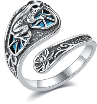 DAYLINLOVE Frosch Löffel Ring 925 Sterling Silber Türkis Frosch Ring Lotus Offene Ringe Verstellbare Daumen Ringe Tierschmuck Geschenke für Frauen Froschliebhaber
