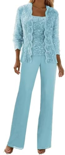 Women's Trouser Suits Sky-Blue Lace Womens Suits Formal 3 Piece Ladies Trouser Suits for Special Occasions with Jacket Size 10
