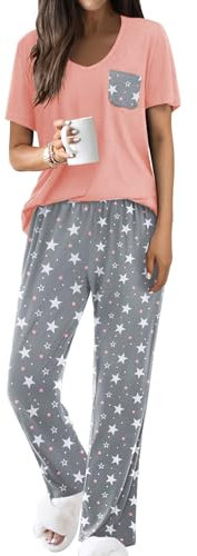 Famulily Women's Cute 2 Piece Printed Pajama Set Soft Short Sleeve Tshirt Tops with Full Length Long Pants Pink M