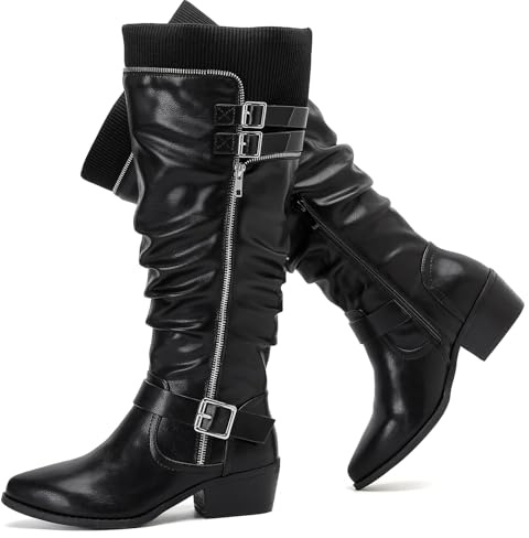 Luoika Damen Extra Breite Wade Kniehohe Stiefel Weite Übergröße Kniehohe Stiefel Niedriger gestapelter Absatz Winter Herbst Hohe Stiefel