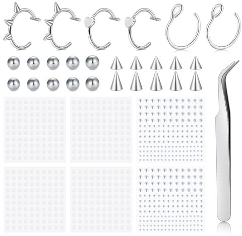 FloralGrace 13 Pièces Ensemble de Faux Piercings, Inclus Anneau de Piercing au Nez en Acier Inoxydable, Faux Piercing Lèvre, Anneau de Nez, Septum, Parfait pour Une Application Facile et Un Style