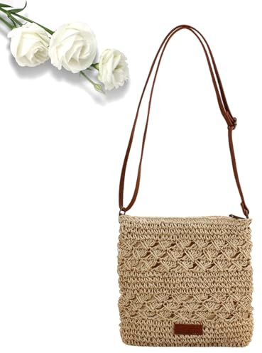 EujRcf Straw Bag,Summer Straw Bag for Women,Small Beach Crossbody Bag with Zipper and Adjustable Strap, Weave Handmade Shoulder Handbags for Summer Holiday Beach Travel (Beige)