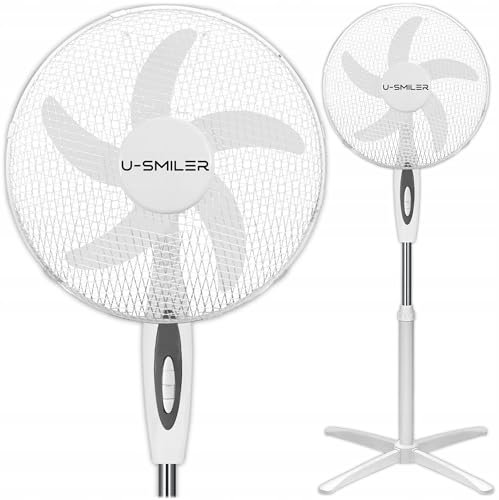 U-SMILER Standventilator sehr Leise, 5 Klingen, 3 Geschwindigkeiten, Höhenverstellung Stand Ventilator, 90° Oszillation, Modernes Design, Perfekt für Büro, Wohnzimmer und Schlafzimmer, Weiß