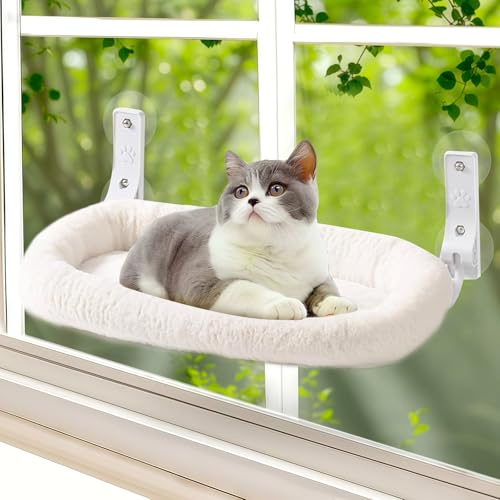 LEKEFETO Cordless Hamac pour chat, chaise longue avec ventouses et rembourrage en tissu double face amovible, pliable, pour chat, fenêtre, perche, jusqu'à 15 kg, pour fenêtre et mur, 30 x 52 cm, blanc