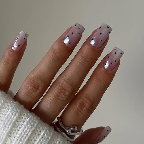 24 Stück Falsche Nägel Zum Aufkleben - Kurz Quadratische Rosa Weiß Aurora Künstliche Nägel mit Schwarz Heart Design - Glänzend Fake Nails Vollflächige für Frauen Maniküre DIY
