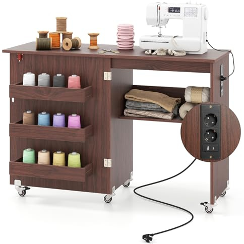COSTWAY Table de Couture Pliante avec Prises Intégrées (Brun) | Armoire pour Machine à Coudre Roulante avec Étagère de Rangement, 3 Bacs Cachés, Meuble Couture pour Salon, Bureau, Studio