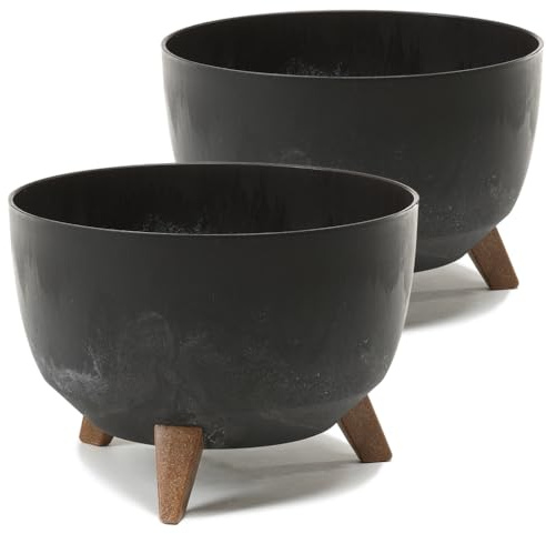 Tymar Maceta con patas, maceta para exteriores, maceta grande, cuenco para fuentes solares, macetero redondo para terraza (2 paquetes), color negro y negro