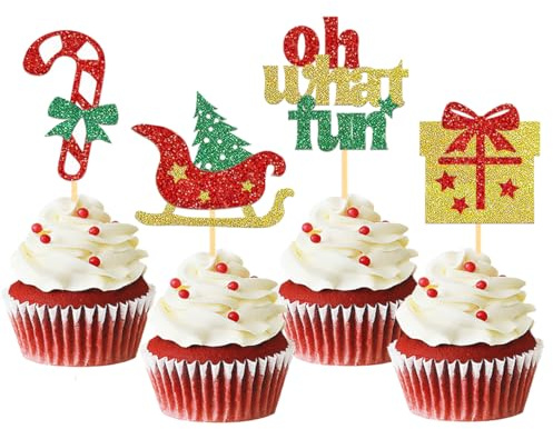 24 Stück Glitzer Weihnachten Cupcake Toppers, Süßigkeiten Tortendeko, Weihnachtsbaum Cake Toppers, Kuchen Deko Weihnachten für Neujahr Party, Weihnachtsfeier Deko (oh what fun)